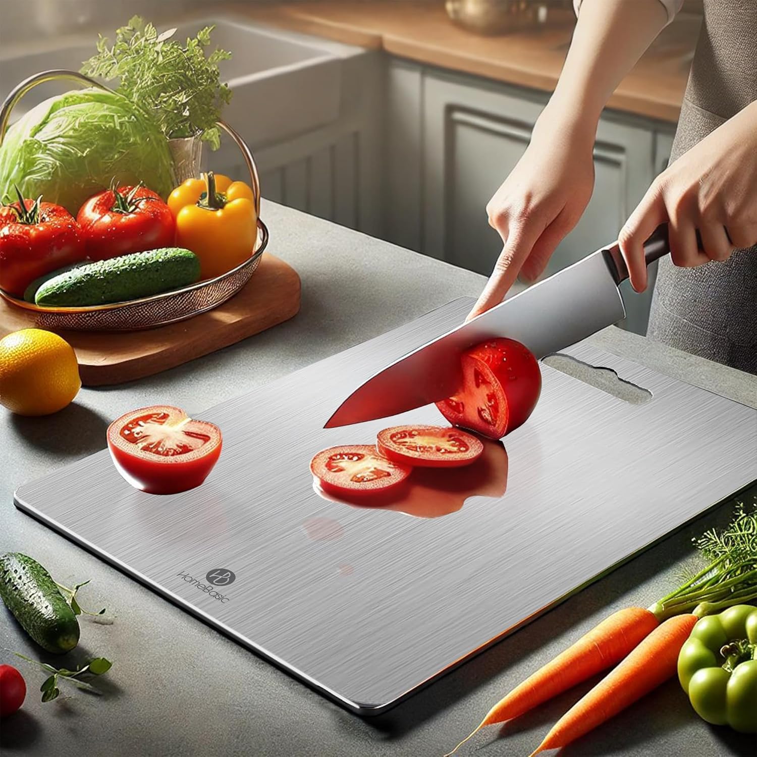 HOMEBASIC Stainless Steel Chopping Board for Kitchen (S-30 x 20 x 0.1CM) | Food-Grade Steel Cutting Board for Vegetables/Fruits/Meats/Fish | No Microplastics & No Bacteria Absorption, Non-Porus