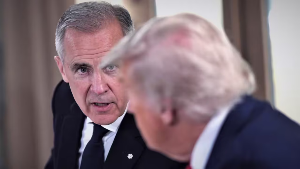 Canada Prime Minister Mark Carney stares at US President Donald Trump in close up