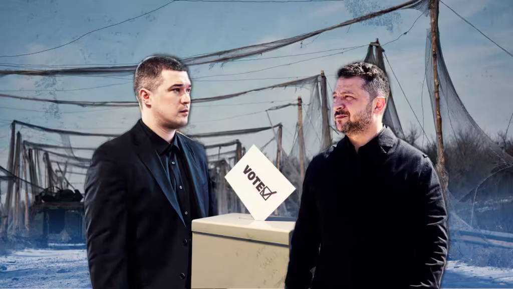 A composite image of two white men in black suits facing each other. A ballot box is between them, whole a netting to stop drones hangover a road behind them.