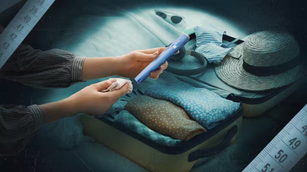A stylised image of hands holding a handkerchief and a blue injectable pen, freshly taken from an open suitcase resting on the bed. The suitcase is packed with clothes, a hat, headphones and sunglasses. Measuring tapes run along either side of the picture.